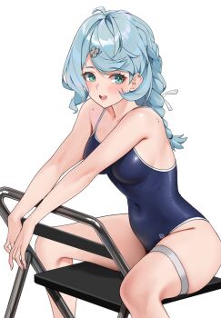 Rule 34 | 1girl, ahoge, blue eyes, blue hair, blue one-piece swimsuit, braid, breasts, chair, commentary request, competition school swimsuit, feet out of frame, folding chair, highres, long hair, looking to the side, matrix16, medium breasts, one-piece swimsuit, school swimsuit, seed (zenless zone zero), simple background, single braid, sitting, sitting backwards, solo, swimsuit, white background, zenless zone zero