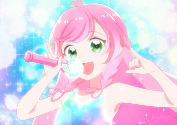 1girl :d \m/ braid commentary cure_prism glowing_clothes green_eyes henshin hirogaru_sky!_precure holding kyanos_(b_0000ff) looking_at_viewer magical_girl nijigaoka_mashiro open_mouth pink_hair precure shirt sky_mirage sleeveless sleeveless_shirt smile solo sparkle_background twin_braids upper_body v