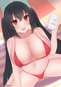 azur_lane bikini black_hair blush breasts cleavage commentary_request hair_between_eyes hair_ribbon highres holding_sunscreen huge_breasts kaedee looking_at_viewer navel open_mouth red_bikini red_eyes red_ribbon ribbon sitting swimsuit taihou_(azur_lane) twintails wariza