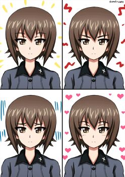 1girl angry blush brown_eyes brown_hair closed_mouth cross expression_chart girls_und_panzer grey_shirt happy highres iron_cross kuromorimine_school_uniform multiple_expressions nishizumi_maho non-web_source omachi_(slabco) sad school_uniform shirt short_hair solo upper_body wing_collar