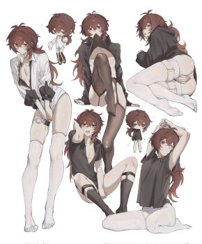 ... 1boy ? armpits arms_up black_hoodie black_pantyhose black_shirt chibi clothes_lift collared_shirt covering_crotch covering_privates crossdressing crossdressing_(mtf) diluc_(genshin_impact) feet full_body genshin_impact hair_between_eyes hand_on_own_crotch highres hood hoodie lifting_own_clothes long_hair long_sleeves male_focus mouth_hold multiple_views one_eye_closed open_mouth panties pantyhose red_eyes red_hair shirt shirt_lift simple_background sitting skindentation soles teeth thighhighs thighs toes torn_clothes torn_pantyhose underwear wariza white_background white_panties white_pantyhose white_shirt zehuij