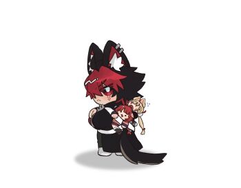 alice_thymefield animal_ears black_hair black_jacket blonde_hair chibi dog_boy dog_ears dog_tail highres inuinuinu_u jacket komano_manato looking_at_viewer looking_back rabbit_ears rabbit_girl red_eyes red_hair scar scar_on_face shoes tail ukinami_yuzuha white_shoes