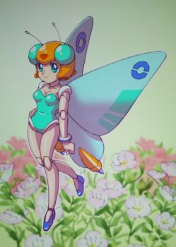 1girl android antennae aqua_leotard blue_eyes blue_shoes bracelet breasts cleavage closed_mouth commentary_request fairy fairy_wings flower flying full_body hand_on_own_hip highres jewelry joints leotard looking_at_viewer mechanical_wings mini_person minigirl missfly mizutani_kenta official_artist_extra orange_hair red_flower robot_joints robot_ponkottsu shoes short_hair smile solo thrusters white_flower wings