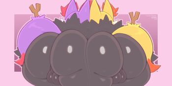 2boys alternate_color animal_ears ass ass-to-ass bent_over braixen fox_ears fox_tail from_behind frumples furry gen_6_pokemon highres huge_ass male_focus multiple_boys nintendo nude perineum pokemon pokemon_(creature) presenting purple_background shiny_and_normal shiny_pokemon simple_background stick tail take_your_pick testicles thick_thighs thighs trap uncensored wide_hips