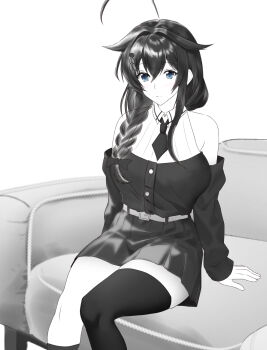 Rule 34 | 1girl, ahoge, asymmetrical legwear, braid, commentary request, couch, detached sleeves, dress, greyscale, hair flaps, hair over shoulder, highres, kanoson, kantai collection, long hair, monochrome, necktie, official alternate costume, shigure (kancolle), shigure (yokosuka) (kancolle), shigure kai san (kancolle), shirt, single braid, single thighhigh, sleeveless, sleeveless shirt, solo, thighhighs, uneven legwear