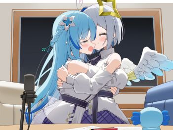 2girls ahoge amane_kanata amane_kanata_(1st_costume) aqua_wings beret blue_bow blue_hair blush bow braid closed_eyes closed_mouth commentary_request crying elf feathered_wings gradient_wings grey_hair hair_between_eyes halo hat heart heart_ahoge highres hololive hug indoors jacket long_hair long_sleeves microphone multicolored_wings multiple_girls open_mouth pointy_ears side_braid smile streaming_tears tears tilted_halo virtual_youtuber white_hat white_jacket white_wings wings yellow_halo yoru_no_yayoi yukihana_lamy yukihana_lamy_(1st_costume)