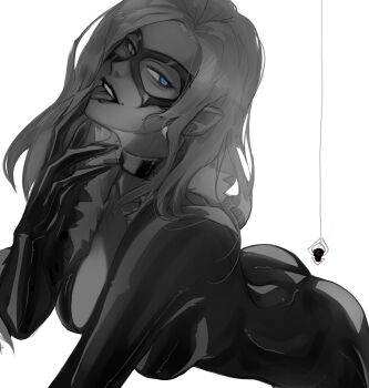 1girl black_bodysuit black_cat_(marvel) black_choker black_mask blue_eyes bodysuit breasts bug choker cleavage collarbone commentary eye_mask felicia_hardy greyscale heart heart-shaped_pupils highres in_pand large_breasts long_hair looking_at_viewer marvel marvel_rivals mask mole_beside_mouth monochrome solo spider spider-man_(series) spot_color superhero_costume symbol-shaped_pupils teeth tongue tongue_out upper_teeth_only white_background white_hair