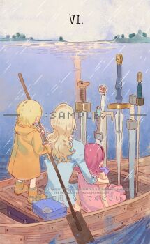 1boy 2girls aged_down blonde_hair boots dress full_body highres holding hood hooded_coat long_hair mother_and_daughter mother_and_son multiple_girls one_piece outdoors pink_dress pink_hair planted planted_sword planted_weapon sanji_(one_piece) short_hair siyangou49 sword vinsmoke_reiju vinsmoke_sora weapon