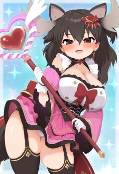 1girl animal_ears antlers black_hair blush bow breasts brooch brown_eyes cleavage commentary_request garter_straps gloves hair_between_eyes hair_ornament heart heart_brooch heart_wand highres horns jewelry kemono_friends large_breasts long_hair looking_at_viewer magical_girl moose_(kemono_friends) moose_antlers moose_ears moose_girl moose_tail open_mouth panties ransusan shirt skirt smile solo tail thighhighs thighs underwear white_panties