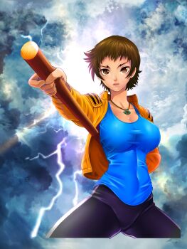 Rule 34 | 1girl, absurdres, black pants, blue tank top, blush, bo staff, breasts, brown eyes, brown hair, cleavage, closed mouth, cloud, commentary request, covered navel, cowboy shot, dark skin, fighting stance, highres, holding, holding staff, jacket, jewelry, kugatachi kaname, large breasts, lightning, lips, long sleeves, matsuena shun, necklace, official art, open clothes, open jacket, outstretched arm, pants, shijou saikyou no deshi ken'ichi, short hair, solo, staff, standing, tank top, tsurime, v-shaped eyebrows, yellow jacket