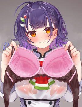 1girl ahoge bra breasts festa11307070 gradient_background gradient_hair grey_background hair_ornament holding holding_bra holding_underwear holding_unworn_clothes large_breasts looking_at_viewer multicolored_hair nanase_suzuna nijisanji orange_eyes pink_bra presenting_bra purple_hair short_hair smile solo stained_bra underwear unworn_bra upper_body virtual_youtuber x_hair_ornament