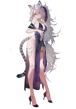 1girl absurdres alternate_costume animal_ears arknights bare_shoulders black_dress black_shoes breasts brown_nails closed_mouth clothing_cutout collarbone commission dress eyes_visible_through_hair fingernails full_body gradient_clothes gradient_dress hair_over_one_eye high_heels highres indra_(arknights) large_breasts legs long_fingernails long_hair nail_polish navel navel_cutout pixiv_commission purple_dress ribiadan shoes simple_background sleeveless solo standing tachi-e tail thigh_strap tiger_ears tiger_girl tiger_tail very_long_hair white_background yellow_eyes