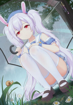 1girl animal_ears artist_name azur_lane black_shoes blue_hat blue_skirt blue_wrist_cuffs chinese_commentary closed_mouth cloud cloudy_sky commentary_request dated detached_sleeves dot_mouth dutch_angle fake_animal_ears flower frilled_wrist_cuffs frills grass grey_hair grey_sky hair_between_eyes hat highres holding holding_umbrella laffey_(azur_lane) laffey_(bunny_clerk?)_(azur_lane) light_blush long_hair mary_janes nail_polish official_alternate_costume pink_nails pleated_skirt puffy_short_sleeves puffy_sleeves rabbit_ears rain red_eyes shoes short_sleeves skirt sky snail solo squatting thighhighs transparent transparent_umbrella tree twintails umbrella very_long_hair white_thighhighs wrist_cuffs xiao_shi_lullaby