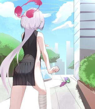 1girl back bandaged_leg bandages blue_archive blue_sky clothes_theft cloud commentary day english_commentary glep_(smiling_friends) grey_hair halo highres holding holding_panties holding_underwear holding_unworn_clothes long_hair open_mouth outdoors p01_art panties red_eyes red_halo shuro_(blue_archive) sideless_kimono sideless_outfit sky smiling_friends theft underwear underwear_theft unworn_panties