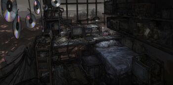 bed cable cd computer computer_keyboard crate crt desk desk_lamp highres indoors jar lamp naissryo no_humans original pillow post-apocalypse rope scenery shelf window