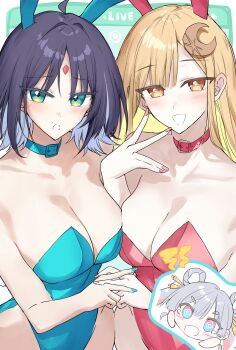 3girls @_@ absurdres ahoge akitaka_akita animal_ears aqua_choker aqua_leotard aqua_nails bare_shoulders black_hair blonde_hair blush breast_press breasts cho_kaguya-hime! choker cleavage collarbone colored_inner_hair commentary_request crescent crescent_hair_ornament dot_nose fake_animal_ears forehead_jewel gem green_eyes grey_hair hair_ornament hair_rings hair_stick hand_up highleg highleg_leotard highres interlocked_fingers kaguya_(cho_kaguya-hime!) large_breasts leotard long_hair looking_at_viewer multicolored_hair multiple_girls nail_polish open_mouth orange_eyes pink_nails playboy_bunny purple_hair rabbit_ears red_choker red_gem red_leotard runami_yachiyo sakayori_iroha short_hair side-by-side sidelocks smile spoken_character strapless strapless_leotard symmetrical_docking tearing_up upper_body