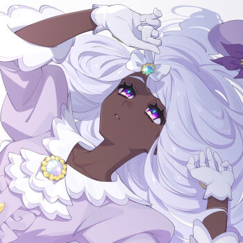 1girl 7dango7 breasts brooch commentary_request dark-skinned_female dark_skin dress gloves hat hat_ornament highres jacinthe_(pokemon) jewelry long_hair long_sleeves lying medium_breasts nintendo on_back pokemon pokemon_legends:_z-a purple_dress purple_eyes purple_hair purple_hat solo swept_bangs white_gloves