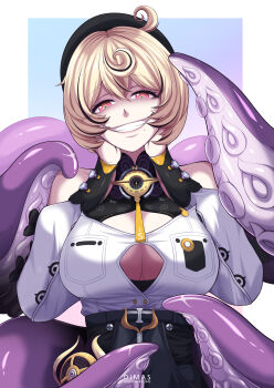 1girl absurdres ahoge bare_shoulders bilingual_commentary black_hat black_streaks blonde_hair border breasts cleavage_cutout clothing_cutout commentary crossed_bangs double-parted_bangs english_commentary evil_grin evil_smile grin hair_between_eyes hands_on_own_cheeks hands_on_own_face hat highres large_breasts looking_at_viewer mixed-language_commentary mole mole_under_mouth multicolored_hair outside_border pink_eyes septiawan_dms shirt short_hair smile solo streaked_hair suction_cups tentacle_girl tentacles upper_body white_border white_shirt yidhari_murphy zenless_zone_zero