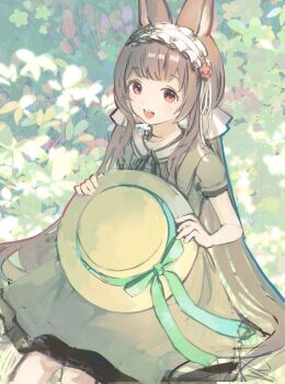 1girl :d animal_ears arknights brown_hair commentary_request cowboy_shot dress frilled_hairband frills green_ribbon grey_dress hairband hat hat_ribbon holding holding_unworn_clothes holding_unworn_hat long_hair looking_at_viewer nnicoinu open_mouth partial_commentary pink_eyes plant ribbon short_sleeves sketch smile solo teeth unworn_hat unworn_headwear upper_teeth_only warmy_(arknights) white_hairband yellow_hat