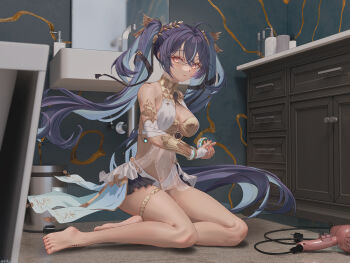 1girl 3d_background absurdres ahoge ancient_greek_clothes armlet bare_shoulders barefoot black_skirt blue_hair breasts cleavage commentary feet fingernails full_body gold_bra greco-roman_clothes hair_belt hair_between_eyes highres indoors iuno_(wuthering_waves) jewelry laurel_crown long_hair looking_at_viewer medium_breasts mixed_media multicolored_hair nan_ji_yun parted_lips pink_eyes showgirl_skirt sitting skirt solo streaked_hair tacet_mark_(wuthering_waves) thighlet toes twintails very_long_hair wuthering_waves