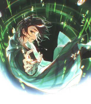 1boy binary black_hair black_pants black_shirt chromatic_aberration coat green_coat green_eyes hanaseto highres hood hood_down hooded_coat jewelry kamen_rider kamen_rider_w long_sleeves male_focus mole mole_on_cheek necklace open_clothes open_coat pants philip_(kamen_rider) reaching reaching_towards_viewer shirt short_hair sleeveless sleeveless_coat solo