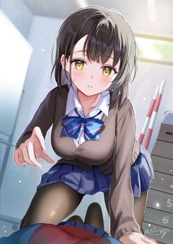 2girls adversarial_noise aono_ruri_(niwata0) artist_name black_cardigan black_hair black_pantyhose blue_bow blue_bowtie blue_skirt blush bow bowtie breasts cardigan collarbone collared_shirt commentary_request female_pov gym_storeroom highres indoors large_breasts long_sleeves looking_at_viewer multiple_girls niwata0 open_mouth original pantyhose pleated_skirt pov pov_breasts school_uniform shirt short_hair signature skirt striped_bow striped_bowtie striped_clothes white_shirt yellow_eyes yukadon yukadon_on_viewer yuri