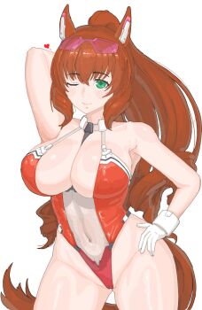 1girl alternate_costume aqua_eyes arm_up armpits between_breasts black_necktie breasts brown_hair cleavage commentary_request contrapposto covered_navel detached_collar eyewear_on_head gloves groin hand_on_own_hip heart highres large_breasts leotard long_hair maruzensky_(umamusume) necktie one_eye_closed red_leotard see-through_clothes simple_background smile solo umamusume white_background white_gloves zenchou24cm