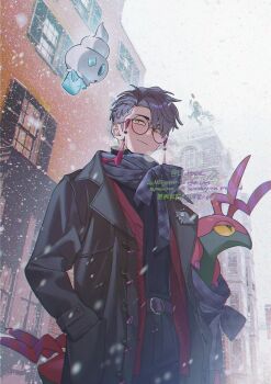 Rule 34 | 2boys, antennae, black scarf, black shirt, building, closed mouth, coat, commentary, cowboy shot, froslass, gen 4 pokemon, gen 5 pokemon, highres, kitsune (ly howe), lapels, long sleeves, looking to the side, male focus, multiple boys, naveen (pokemon), nintendo, notched lapels, outdoors, pokemon, pokemon (creature), pokemon legends: z-a, purple hair, round eyewear, scarf, scolipede, shirt, short hair, sideways glance, smile, snowing, solo focus, symbol-only commentary, tassel, vanillite, watermark, winter, yellow eyes