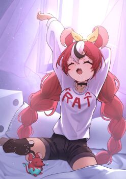 1girl absurdres animal_ear_fluff animal_ear_legwear animal_ears arm_behind_head arms_up bed bed_sheet black_choker black_hair black_shorts black_streaks blush bow braid breasts choker closed_eyes clothes_writing collarbone commentary curtains dice double-parted_bangs hair_between_eyes hakos_baelz highres hololive hololive_english key long_hair mouse_ears mouse_tail mr._squeaks_(hakos_baelz) multicolored_hair nose_bubble official_alternate_costume on_bed open_mouth open_window red_hair sharp_teeth shorts sitting sleepy strawberry_baelz sweater tail teeth thighhighs twin_braids upper_teeth_only very_long_hair virtual_youtuber white_hair white_sweater window yawning yellow_bow zencenx39 zettai_ryouiki