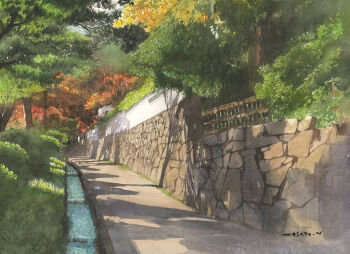 bush commentary_request day grass no_humans original outdoors painting_(medium) path road scenery shadow signature stone_wall sunlight traditional_media watanabe_masato watercolor_(medium)