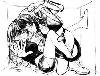 2girls absurdres animal_ears bang_dream! bang_dream!_it&#039;s_mygo!!!!! between_legs blue_eyes blush cat_ears cat_girl cat_tail chinese_commentary commentary_request earrings greyscale hero45439083942 highres jacket jewelry kemonomimi_mode long_hair long_sleeves monochrome multiple_girls purple_eyes shiina_taki shoes skirt spot_color stuck_in_a_box sweatdrop tail tank_top yahata_umiri yuri