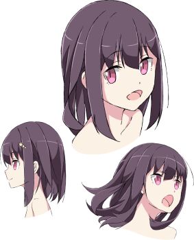 1girl black_hair haru_(henkei_shoujo) henkei_shoujo highres long_hair looking_at_viewer looking_to_the_side multiple_views nude official_art open_mouth parted_lips pink_eyes simple_background transparent_background