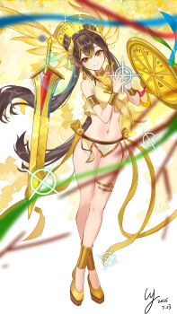 1girl anklet armlet black_hair bracelet breasts commentary_request detached_sleeves duel_monster earrings feather_hair_ornament feathers food fruit full_body gold_armlet gold_bracelet gold_thighlet hair_ornament highres japanese_clothes jewelry looking_at_viewer mandarin_orange midriff mirror navel ohime_the_manifested_mikanko open_mouth red_ribbon ribbon skirt smile solo sword thighlet thighs twintails weapon wy_(pixiv_121946076) yellow_eyes yellow_ribbon yellow_skirt yu-gi-oh!