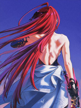 1girl ahoge back back_focus backless_dress backless_outfit black_gloves dress elizabeth_rose_bloodflame elizabeth_rose_bloodflame_(1st_costume) from_behind gloves highres holding holding_sword holding_weapon hololive hololive_english huge_ahoge long_hair median_furrow misteri2908 red_hair solo sword thorn_(elizabeth_rose_bloodflame) toned toned_female virtual_youtuber weapon