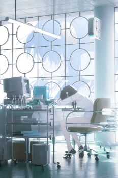 1girl armpit_cutout armpits black_hair bottle breasts cart ceiling ceiling_light chair clock clothing_cutout computer detached_sleeves fluorescent_lamp folder long_hair monitor office_chair original reoen shirt sitting sleeping sleeping_on_desk small_breasts solo swivel_chair thighs white_shirt