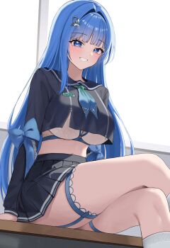 1girl absurdres arcana_(fortune_mate)_(nikke) arcana_(nikke) black_sailor_collar black_serafuku black_skirt blue_eyes blue_garter_straps blue_hair blue_neckerchief blush bra breasts commentary_request crop_top crop_top_overhang cropped_shirt crossed_legs garter_straps goddess_of_victory:_nikke gradient_neckerchief green_neckerchief hair_ornament highres large_breasts long_hair looking_at_viewer multicolored_neckerchief navel neckerchief official_alternate_costume open_mouth partially_unzipped pleated_skirt sailor_collar school_uniform serafuku sitting skirt smile socks solo ttusee5 underwear very_long_hair white_bra white_socks