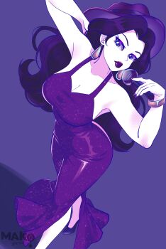 1girl absurdres arm_up artist_name bracelet breasts cleavage closed_mouth commentary commentary_request dress earrings english_commentary foot_out_of_frame from_above highres holding holding_microphone jewelry kurimako large_breasts lips lipstick long_dress long_hair looking_at_viewer makeup mario_(series) microphone mixed-language_commentary nintendo pauline_(mario) purple_background purple_dress purple_eyes purple_hair purple_lips purple_theme simple_background sleeveless sleeveless_dress solo teardrop_earrings