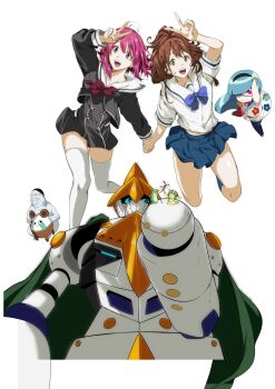 1other 2girls :d absurdres bibi_(coffe) black_dress blue_bow blue_skirt blue_socks bow brown_hair chaos;child chest_bow chuo_tanegashima_high_school_uniform cropped_jacket cropped_shirt dress gero-froggy gunvarrel hekiho_academy_school_uniform highres holding_hands kidou_battle_gunvarrel kneehighs long_hair long_sleeves looking_at_viewer midriff_peek multiple_girls onoe_serika open_mouth phinx_(robotics;notes) pink_hair pleated_skirt ponytail red_bow robotics;notes sailor_collar school_uniform science_adventure senomiya_akiho shirt short_hair short_sleeves simple_background skirt smile socks sumo_sticker_(chaos;child) thighhighs thighs upa_(steins;gate) v white_background white_sailor_collar white_shirt white_thighhighs zettai_ryouiki zonko_(occultic;nine)