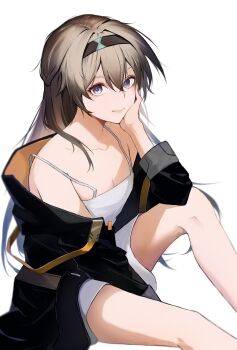 1girl alternate_costume black_hairband black_jacket breasts camisole closed_mouth commentary english_commentary eyeliner firefly_(honkai:_star_rail) gradient_eyes gradient_hair green_pupils grey_hair hair_between_eyes hair_intakes hairband hand_on_own_chin highres honkai:_star_rail honkai_(series) jacket leg_up long_hair makeup multicolored_eyes multicolored_hair open_clothes open_jacket red_eyeliner rizzu simple_background sitting small_breasts smile solo white_background white_camisole