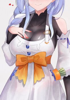 1girl blue_hair bow braid breasts carrot_in_pocket closed_mouth dress heart highres hololive large_breasts mature_female multicolored_hair orange_bow orange_nails pekomama rabbit_girl simple_background smile solo two-tone_hair unmeidesu virtual_youtuber white_background white_dress white_hair