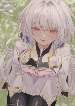 1girl black_pantyhose breasts collarbone dress fate/grand_order fate_(series) fingerless_gloves flower gloves highres long_hair looking_at_viewer medium_breasts merlin_(fate/prototype) on_grass pantyhose pink_eyes rurubusandayo sitting smile solo white_dress white_hair