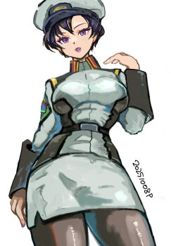 1girl black_hair gundam gundam_seed hat highres lipstick looking_at_viewer makeup military military_uniform natarle_badgiruel okrdisk2000 pantyhose peaked_cap purple_eyes short_hair simple_background solo unfinished white_background