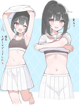 1girl armpits arms_up barefoot bikini black_hair blue_background blush_stickers clothes_lift commentary_request cropped_legs grey_sports_bra highres long_hair looking_at_viewer multiple_views navel neckerchief nill_arts one_eye_closed open_mouth original pink_eyes pink_neckerchief pleated_skirt ponytail print_bikini sailor_collar school_uniform serafuku shirt shirt_lift short_sleeves skirt smile sports_bra star_(symbol) star_print star_print_bikini stomach swimsuit translation_request undressing white_sailor_collar white_serafuku white_shirt white_skirt