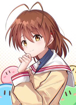 Rule 34 | 1girl, antenna hair, blush stickers, brown eyes, brown hair, clannad, dango, dango daikazoku, food, furukawa nagisa, hand on own chin, highres, hikarizaka private high school uniform, long sleeves, looking at another, medium hair, polka dot, polka dot background, rrtp, sailor collar, school uniform, serafuku, smile, solo, two-tone background, upper body, wagashi, white background