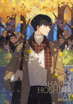 3girls 5boys 8083_blue ashiro_mina autumn_leaves black_bag black_hair bowl_cut brown_coat character_name coat commentary_request dated ginkgo_leaf happy_birthday hibino_kafka highres hoshina_soshiro ichikawa_reno izumo_haruichi kaguragi_aoi kaijuu_no._8 leaf light_particles long_sleeves male_focus multiple_boys multiple_girls okonogi_konomi outdoors plaid_clothes plaid_scarf red_eyes scarf shinomiya_kikoru solo_focus twintails