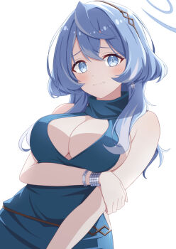 Rule 34 | 1girl, ako (blue archive), ako (dress) (blue archive), arm under breasts, backless dress, backless outfit, bare shoulders, blue archive, blue dress, blue eyes, blue hair, blue halo, blush, bracelet, breasts, cleavage, commentary, divergenceok, dress, dutch angle, earrings, hair between eyes, halo, hand on own elbow, highres, jewelry, long hair, looking at viewer, official alternate costume, plunging neckline, sideboob, sideless dress, simple background, sleeveless, sleeveless dress, solo, untranslatable commentary, white background