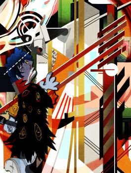 2boys @_@ abstract artist_name blue_hair boots commentary diffraction_(e.g.o) e.g.o_(project_moon) english_commentary glowing glowing_eyes hat highres hohenheim_(project_moon) lamp_(e.g.o) limbus_company multiple_boys nursefather_of_the_ring official_alternate_costume open_mouth project_moon prosthesis prosthetic_arm short_hair strangling symbolism too_many_eyes unower_s white_boots white_hat yellow_eyes