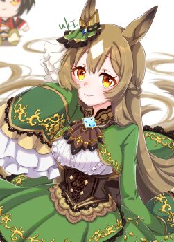 1girl animal_ears bow brown_hair character_doll commentary_request doll ear_ribbon green_ribbon highres horse_ears horse_girl kitasan_black_(crowning_ooban)_(umamusume) kitasan_black_(umamusume) long_hair looking_at_viewer neru_ika ribbon satono_diamond_(natural_brilliance)_(umamusume) satono_diamond_(umamusume) solo umamusume yellow_eyes