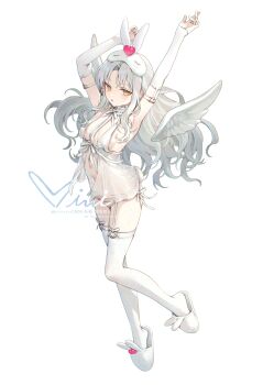 1girl alternate_costume animal_ears animal_slippers armpits arms_up breasts caren_hortensia caren_hortensia_(amor_caren)_(first_ascension) commentary_request detached_wings fake_animal_ears fate/grand_order fate_(series) floating_hair full_body garter_belt grey_hair highres long_hair looking_at_viewer multicolored_hair panties parted_lips rabbit_ears revision siiqa_vivi simple_background slippers solo standing thighhighs underwear white_background white_garter_belt white_hair white_panties white_slippers white_thighhighs wings yellow_eyes