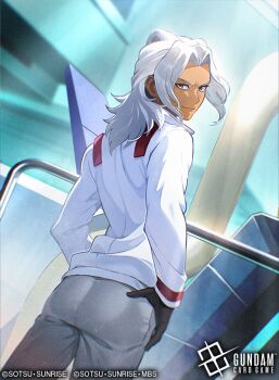 1boy black_gloves closed_mouth copyright_logo copyright_name copyright_notice dark-skinned_male dark_skin gloves grey_eyes grey_pants gundam gundam_age gundam_card_game jacket logo long_hair looking_back malo_(mlpmpmp) official_art pants solo white_hair white_jacket woolf_enneacle